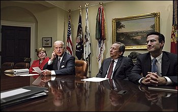 Vice President Joe Biden, second from left, responds to news that the nation's unemployment rate rose in September, Friday, Oct. 2, 2009, during a meeting of his Middle Class Task Force in the Roosevelt Room of the White House in Washington. From left are: Council of Economic Advisers Chair Christina Romer, the vice president, National Economic Council Director Larry Summers, and Budget Director Peter Orszag. (AP Photo/J. Scott Applewhite)